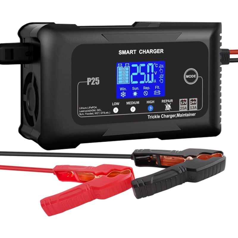Chargeur de batterie de voiture 25a, chargeur de batterie de voiture 12 v / 24 v, chargeur de filet et désulfurateur pour voiture, moto, tondeuse à