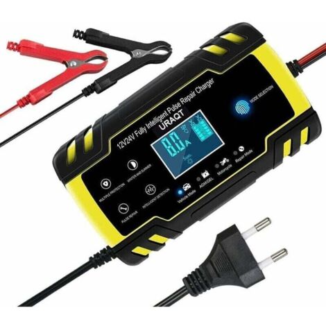 Chargeur de batterie de voiture, 8 A 12 V/24 V, entièrement automatique, avec écran LCD, pour voitures, motos, tondeuses à gazon ou bateaux.