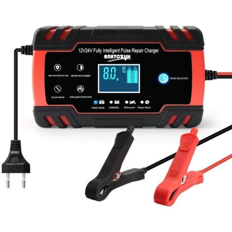 Chargeur de batterie de voiture 8A 12V/24V, portable avec écran LCD, adapté aux voitures, motos et camions (noir, rouge)（ Il est interdit de charger les batteries au lithium ）