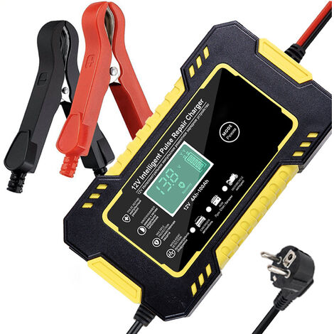 Chargeur de batterie de voiture, chargeur de batterie automatique intelligent 12 V 6 A avec écran LCD chargeur de réparation d'impulsions pour voiture, tondeuse à gazon, moto, bateau, SUV AGM batterie
