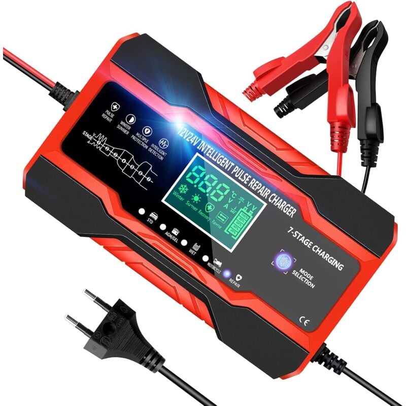 Chargeur de batterie de voiture intelligent 12 V/24 v 10 a entièrement automatique avec écran tactile lcd et protections multiples pour