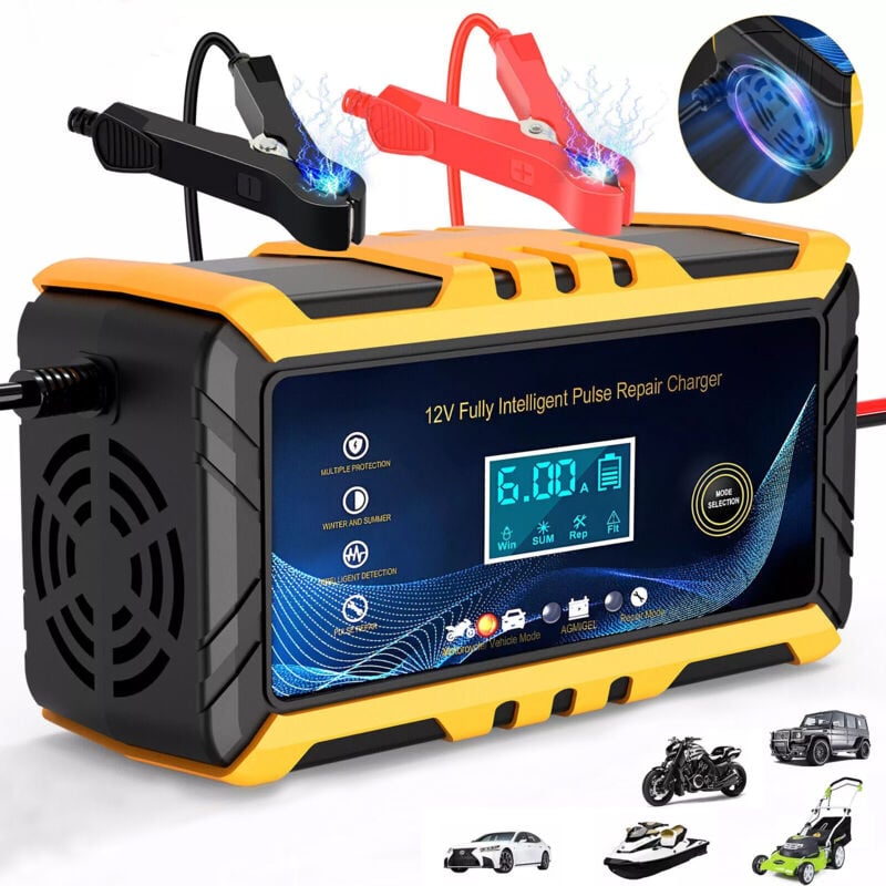 Chargeur de batterie de voiture – SDLOGAL Chargeur de batterie intelligent 12 V/6A, Écran LCD, Mainteneur de chargeur de batterie