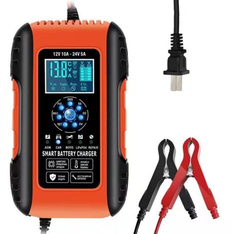 Chargeur de Batterie Intelligent 10A 12V/5A 24V, Chargeur Batterie Mainteneur et Automatique Réparation Fonction Portable avec Écran LCD, pour Voiture Moto Camion, AGM, Gel, Wet, SLA