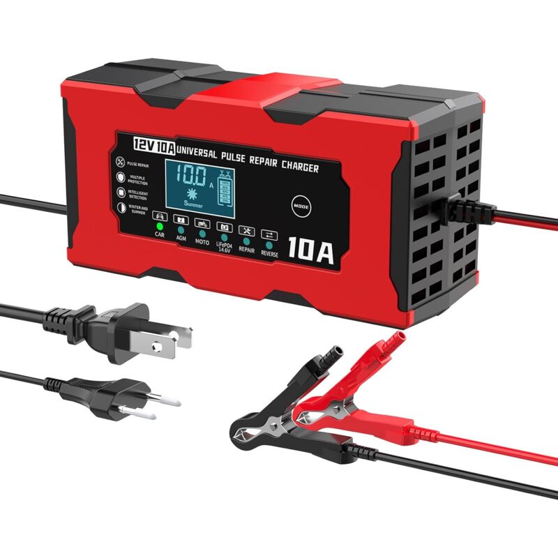 Chargeur de Batterie Intelligent 10A, 12V LiFePO4 Protection Multiple Batterie de Moto de Recharge, Écran LCD Intelligent Batterie de Recharge Moto