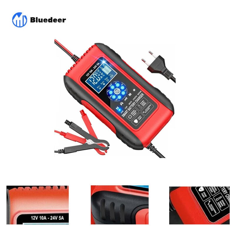 Bluedeer - Chargeur de Batterie Intelligent 10A 12V/24V LiFePO4 Chargeur Batterie pour Voiture Moto Mainteneur Automatique Auto avec Écran lcd