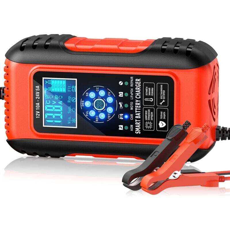 Trimec - Chargeur de Batterie Intelligent 10A 12V/5A 24V, Chargeur Batterie Mainteneur et Automatique Réparation Fonction Portable avec Écran lcd,