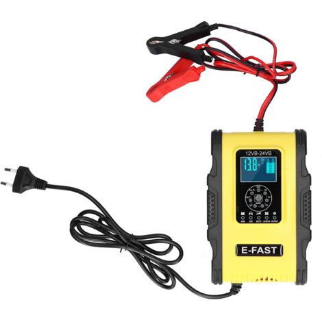 Chargeur de batterie Intelligent 12V/12A 24V/6A, charge à 7 niveaux, réparation d'impulsions pour voiture, bateau, jaune, noir, prise ue 100-240V