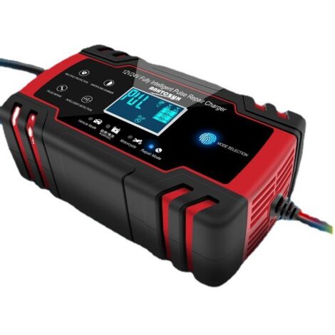 Chargeur de Batterie Intelligent 12V/24V 8A, Chargeur Batterie Mainteneur et Automatique Réparation Fonction Portable avec Écran LCD, pour Voiture Moto Camion, AGM, Gel, Wet, SLA(BlackRed)