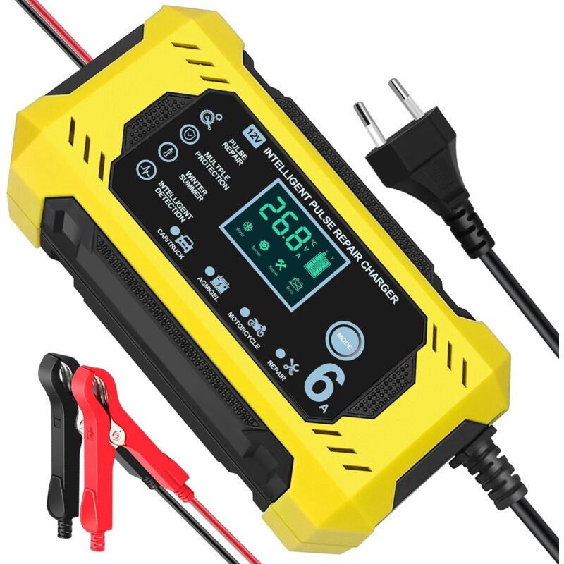 Chargeur de Batterie Intelligent 12V 6A, Chargeurs Batteries au Plomb pour Moto/Voitures avec écran Tactile LCD, Mainteneur Portable Multi-répare et