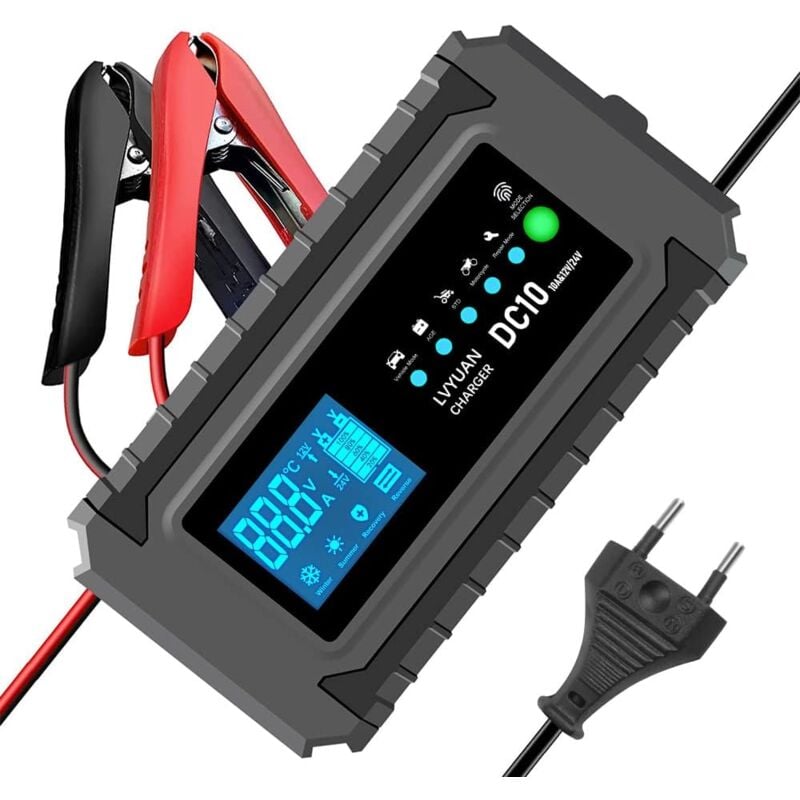 Chargeur de Batterie Intelligent 12V/24V 10A Mainteneur et Automatique Réparation Fonction Portable avec Écran LCD, pour Voiture Moto Camion, AGM,