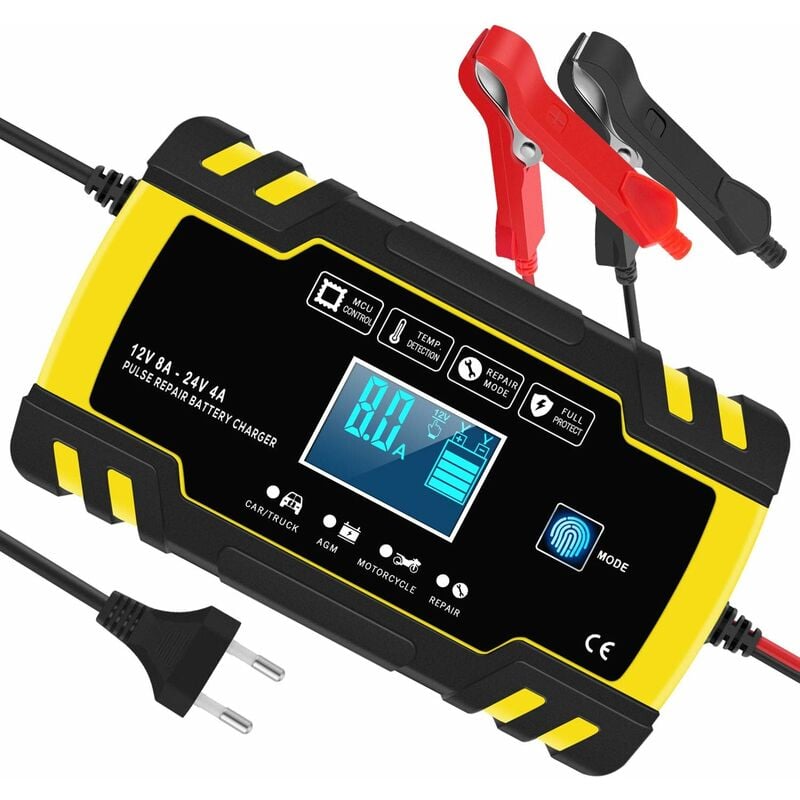 Ersandy - Chargeur de Batterie Intelligent 12V/24V 8A, 3 Étapes de Chargeur Batterie Mainteneur et Automatique Réparation Fonction pour Voiture Moto