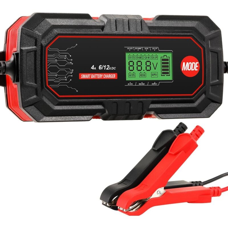Chargeur de Batterie Intelligent 4A 6V/12V, Mainteneur de Chargeur Batterie Voiture avec LCD pour Voiture, Moto, Camion