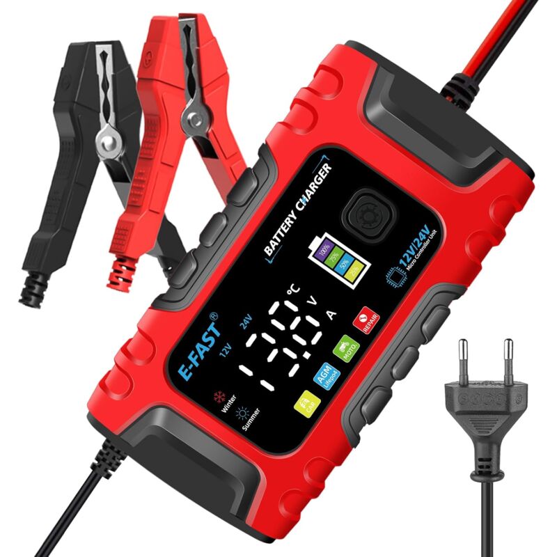 Chargeur de Batterie Intelligent 6A 12V Mainteneur et Automatique Réparation Fonction Portable avec Écran LCD, pour Voiture Moto Camion, AGM, Gel,