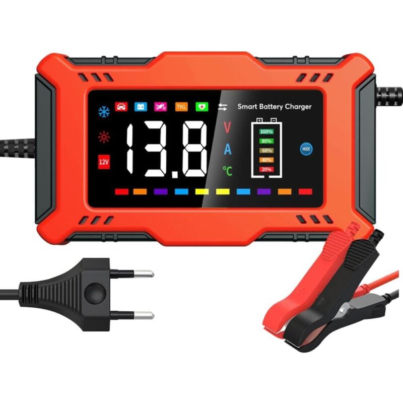 Chargeur de Batterie Intelligent, 6A 12V Phosphate de Fer lithié, Acide de Plomb Mainteneur et Automatique Réparation Batterie Fonction Portable avec