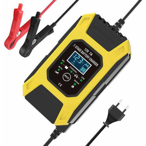 Chargeur de batterie intelligent 7A/12V chargeur de moto rapide portable avec mode de réparation de protection d'affichage LCD pour voiture moto Auto jaune