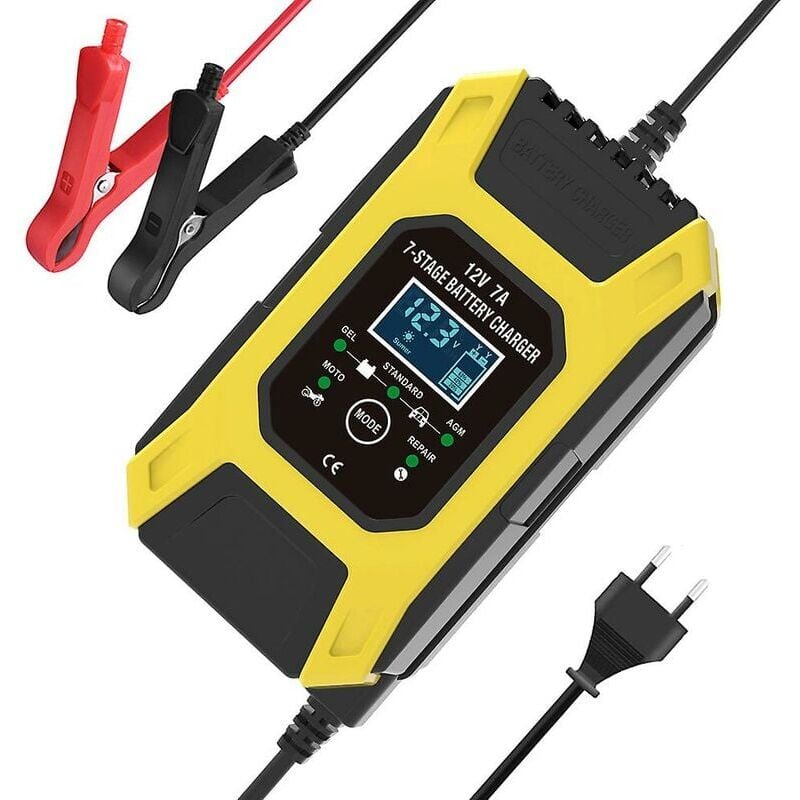 Chargeur de batterie intelligent 7A/12V, chargeur de moto rapide et Portable avec Protection d'écran LCD, Mode de réparation jaune
