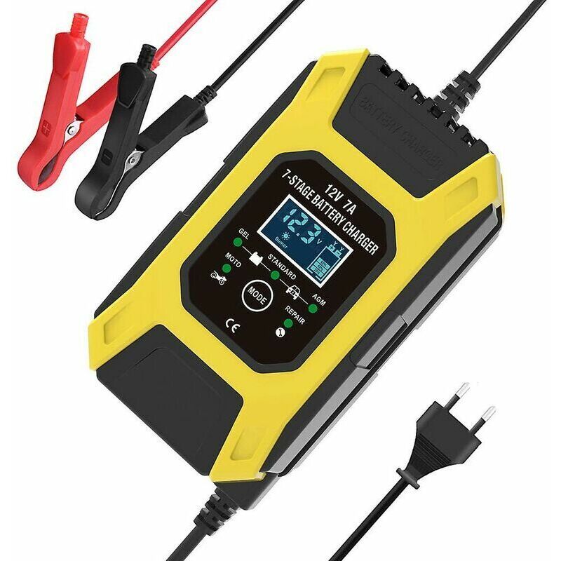 Euritecsa - Chargeur de batterie intelligent 7A/12V chargeur de moto rapide portable avec mode de réparation de protection d'affichage lcd pour