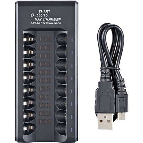 Chargeur de batterie intelligent à 8 emplacements, compatible avec les batteries NiMH AA/AAA de 1,2 V, station de charge de batterie USB plug-and-play.