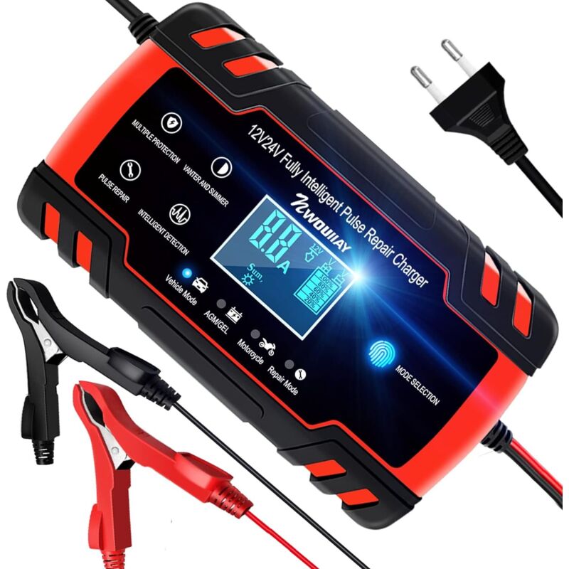 Chargeur de Batterie Intelligent Portable 8A 12V/24V avec LCD Tactile Écran Protections Multiples Type,Rouge