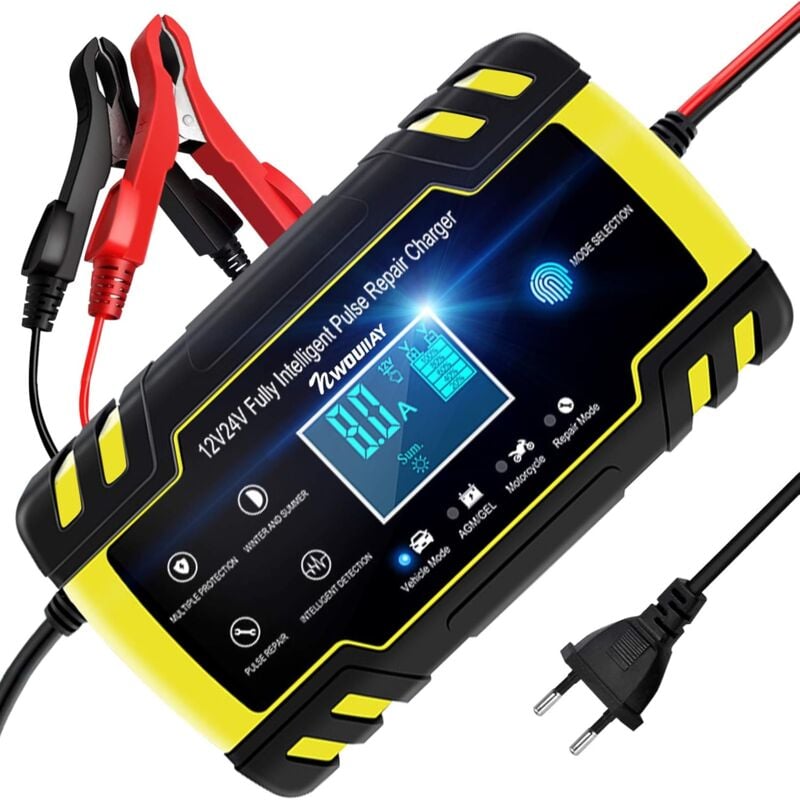 Hyy Ar - Chargeur de Batterie Intelligent Portable 8A 12V/24V avec lcd Tactile Écran Protections Multiples Type,jaune