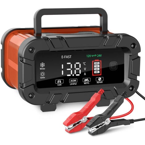 Chargeur de Batterie Intelligent, Ultrixe, 12V 24V Universel Chargeur Batterie Mainteneur et Automatique Réparation Fonction Portable avec Écran LCD,  Charge Automatique en 7 Étapes, Noir Rouge