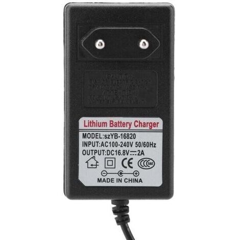 Chargeur de batterie lithium-ion 16,8 V 2 A, adaptateur secteur conforme aux normes de sécurité de l'UE, double usage 100-240 V AC/DC.