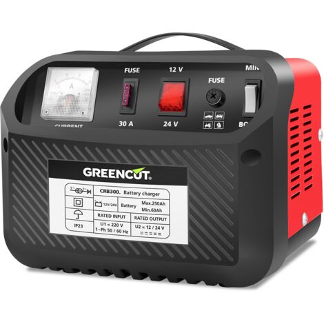 Chargeur de batterie multifonction CRB300 12V/24V avec fusible 30A pour voiture et moto - Greencut