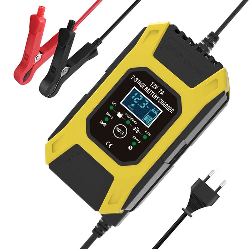 Kkmoon - Chargeur de batterie plomb-acide 12V 7A 7-segments + mode multi-batterie Chargeur de réparation voiture et moto Euro