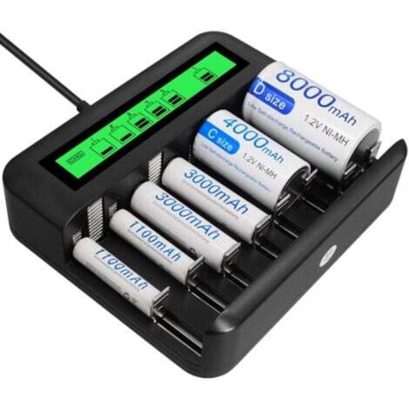 Chargeur de batterie universel lcd à 8 emplacements avec port usb