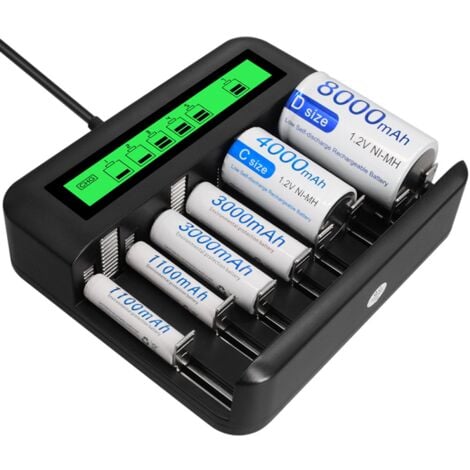 BASETBL Chargeur de batterie universel LCD à 8 emplacements avec port USB