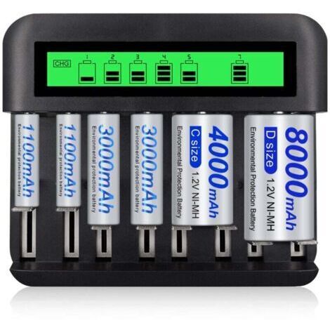 Chargeur de batterie universel LCD à 8 emplacements avec port USB