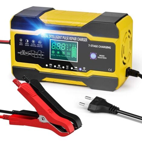 Chargeur de Batterie Voiture 10 A 12 V 24 V Chargeur Intelligent pour Auto Moto avec Compensation de Température avec Écran LCD Tactile 5 Modes Fonction de Réparation Automatique Jaune