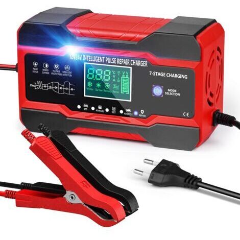 Chargeur de Batterie Voiture 10 A 12 V/24 V Chargeur pour Auto Moto Intelligent avec Écran LCD Tactile et 5 Modes Réparation Automatique Rouge