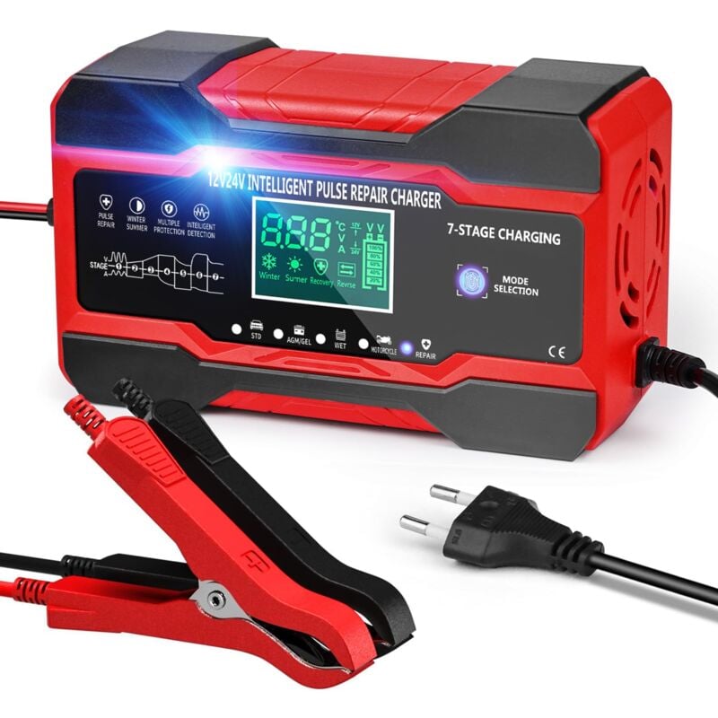 Chargeur de Batterie Voiture 10 a 12 V/24 v Chargeur pour Auto Moto Intelligent avec Écran lcd Tactile et 5 Modes Réparation Automatique Rouge