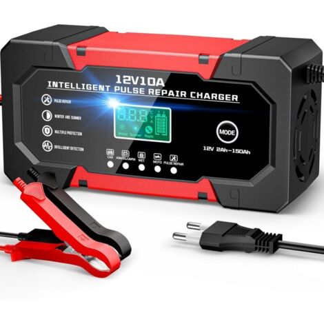 Chargeur de Batterie Voiture 10A 12V Chargeur Intelligent pour Auto Moto avec 5 Modes Réparation Écran LCD pour Auto Voiture Moto Camion Gel Wet LiFePO4