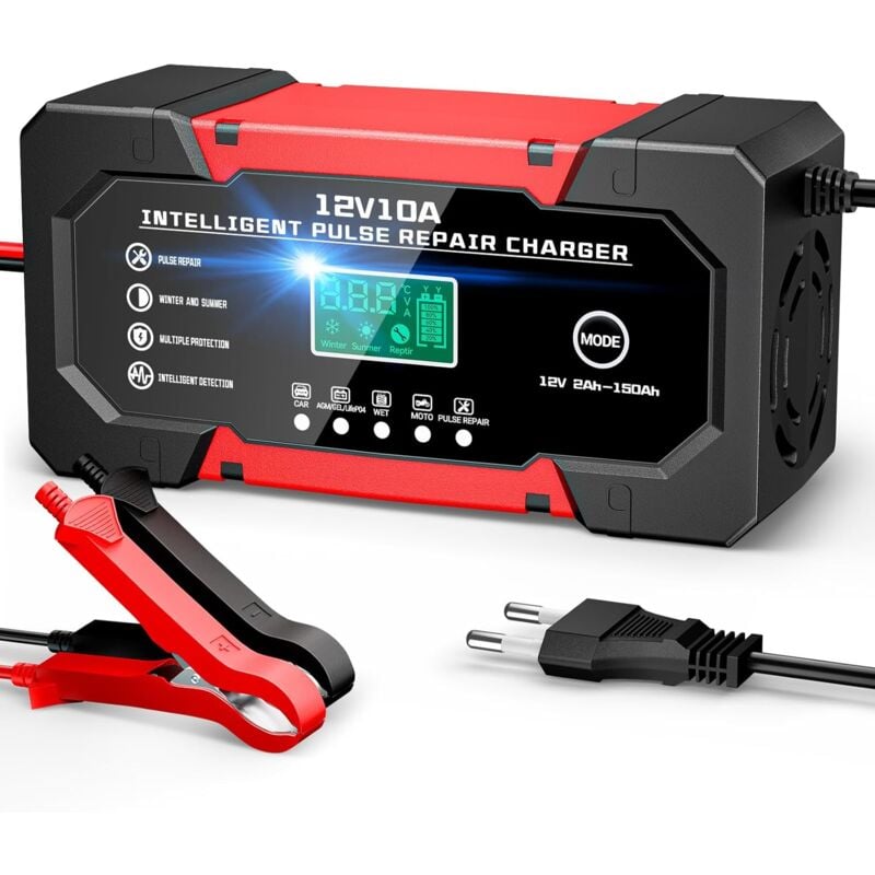 Chargeur de Batterie Voiture 10A 12V LiFePO4 Chargeur Intelligent pour Auto Moto avec 5 Modes Réparation Écran LCD pour Auto Voiture Moto Camion AGM