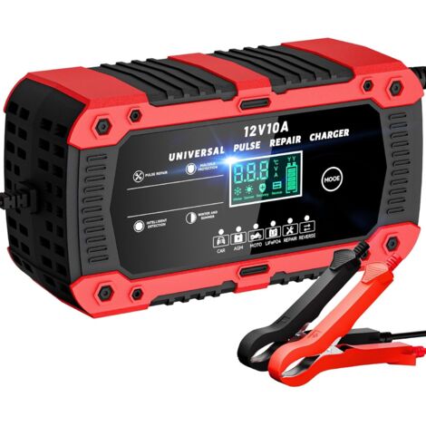 Chargeur de Batterie Voiture 12V 10A LiFePO4 Chargeur Batterie pour Auto Moto Intelligent avec Réparation Écran LCD 6 Modes pour AGM Gel SLA Wet LiFePO4