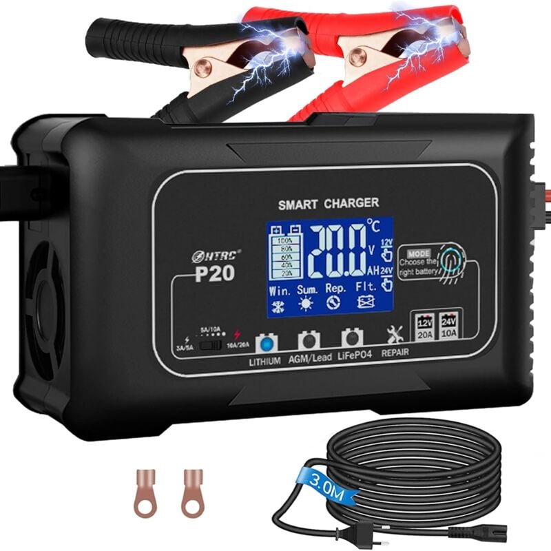 Chargeur de Batterie Voiture 20A 12V/24V, Chargeur Batterie Moto avec Écran lcd et Boutons Tactiles pour Bateaux SUV/Batteries au Lithium LiFePO4