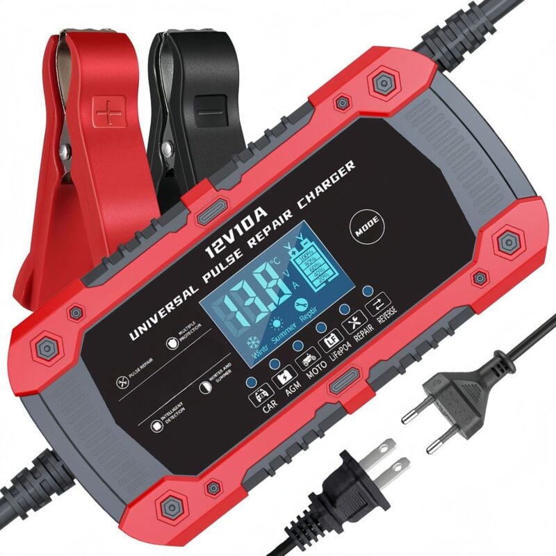 Tonchean - Chargeur de Batterie Voiture, Chargeur Batterie 12v 10A Intelligent Chargeur Batterie Moto avec Écran lcd Chargeurs de Batterie pour Auto