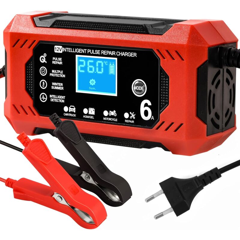 Chargeur de Batterie Voiture, Chargeur Batterie 12v 6A Intelligent Chargeur Batterie Moto avec Écran LCD Chargeurs de Batterie pour Auto Voiture Moto