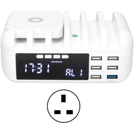 Chargeur de Bureau 5 Ports Multifonction avec Horloge Numérique, Charge Rapide USB et Sans Fil, 110-240V Prise UK