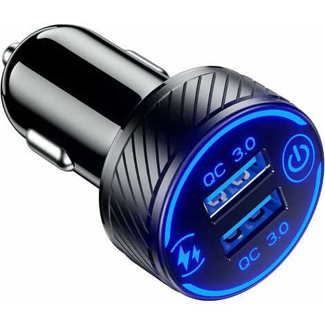 Chargeur de double port QC3.0 USB rapide Chargeur de 36 W/3 A Charge rapide avec LED bleue et interrupteur tactile pour téléphone 12/11 Pro/Max/8, Galaxy S21/20/10/9