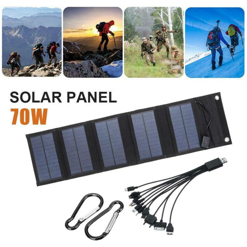 Chargeur de panneau solaire pliable 70 w avec sortie 5 v dc (10 connecteurs) et port usb, centrale électrique portable