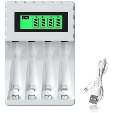 Chargeur de Piles, Chargeur Piles Rechargeable Charge, Chargeurs de Pile-s AA et AAA 4 Slots, Chargeurs d-e numérique et Intelligent, Char-ge Rapide, Protection d-e Charge Intelligente