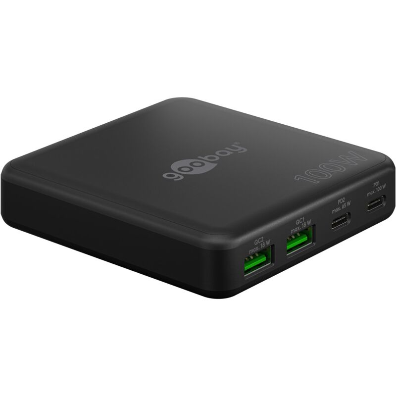 Chargeur de Table Multiport USB-C™ PD GaN (100 W) noir, 2x ports USB-C™ (Power Delivery) et 2x ports USB-A (Quick Charge 3.0). Version couleur noir