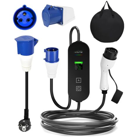 Chargeur de véhicule électrique type 2, câble de charge, prise CEE 8-32A 7KW monophasé 3 broches, chargeur portable avec écran LCD et sac (5 m)