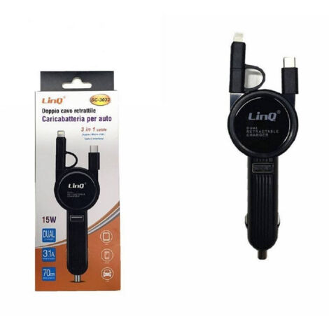 Chargeur De Voiture 3 En 1 Avec Câble Rétractable Micro Usb Type-c Lightning Sc-3033