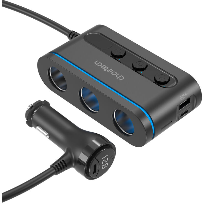 Chargeur de voiture + 3x prise allume-cigare 2x USB-C PD 1x USB-A QC - noir
