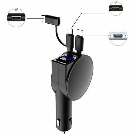 Chargeur de voiture Affichage numérique 3-en-1 Charge rapide (Noir) Cisea