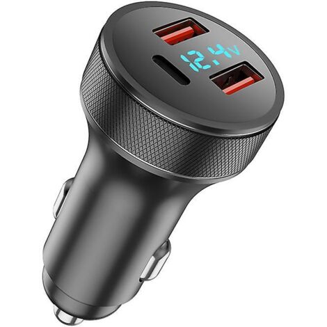 Chargeur de voiture noir 72 W avec prise allume-cigare USB, adaptateur de charge rapide, double chargeur de voiture USB 18 W QC 3.0 + 36 W PD avec voltmètre LED
